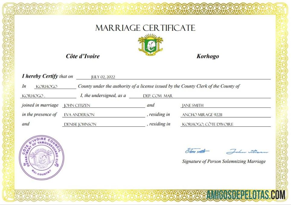 Em branco modelo Word e PDF de certidão de casamento da Costa do Marfim